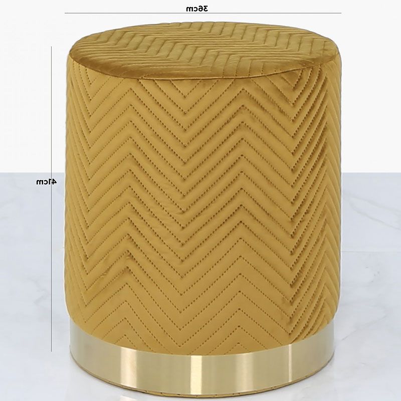 Mustard Yellow Patterned Velvet And Gold Metal Round Footstool Ottoman In Recent Mustard Yellow Modern Ottomans (View 6 of 10)