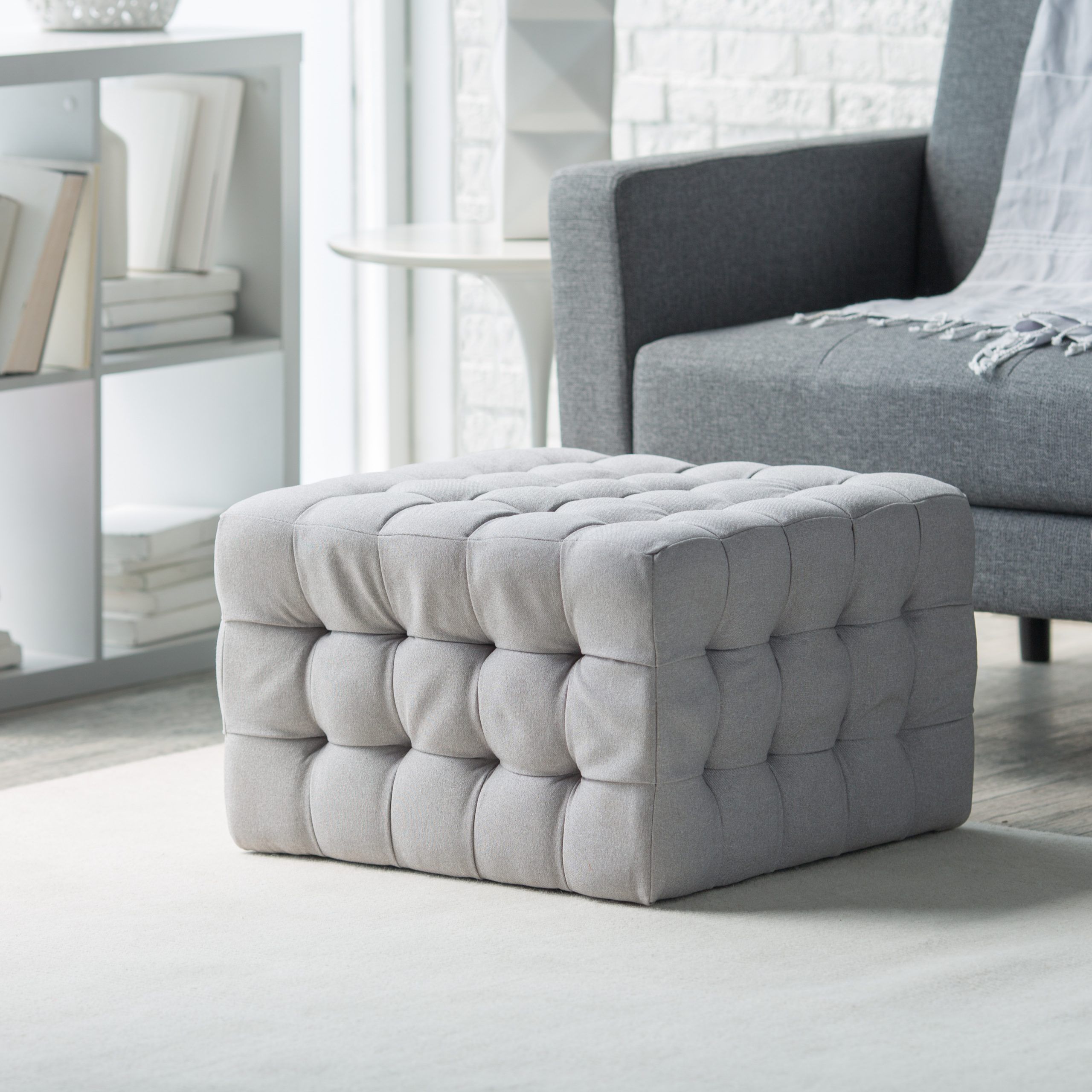 Natural Fabric Square Ottomans Within Latest Belham Living Allover Tufted Square Ottoman – Grey – Ottomans At Hayneedle (View 5 of 10)