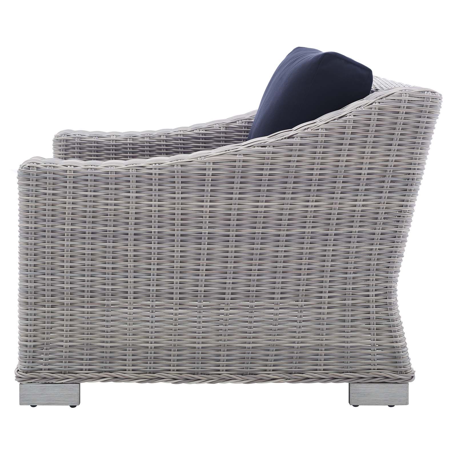 Navy And Light Gray Woven Pouf Ottomans In Newest Conway Sunbrella® Outdoor Patio Wicker Rattan 2 Piece Armchair And (View 2 of 10)