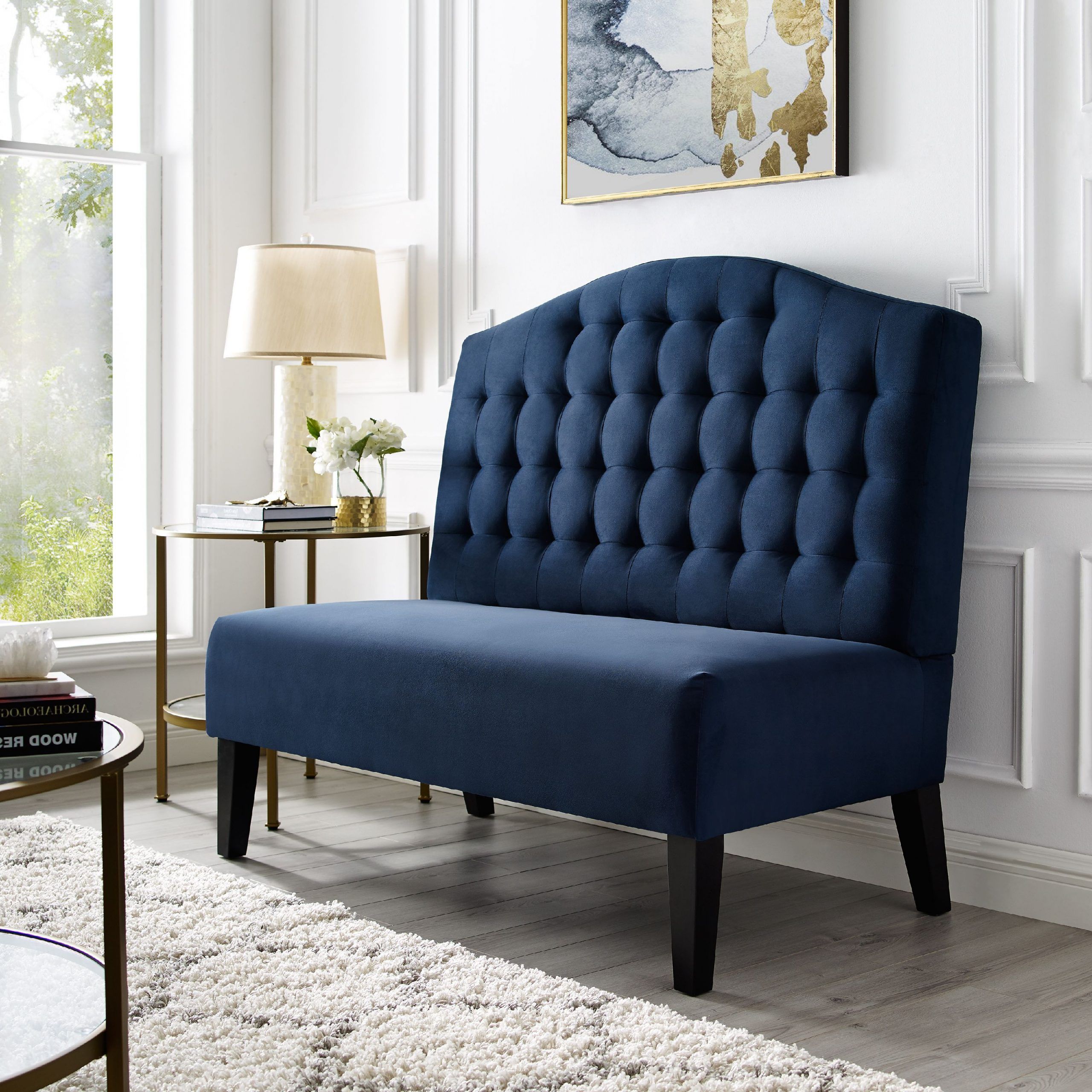Navy Velvet Fabric Benches Inside Most Current Biscuit Tufted Entryway Bench In Navy Blue Velvet – Walmart (View 8 of 10)