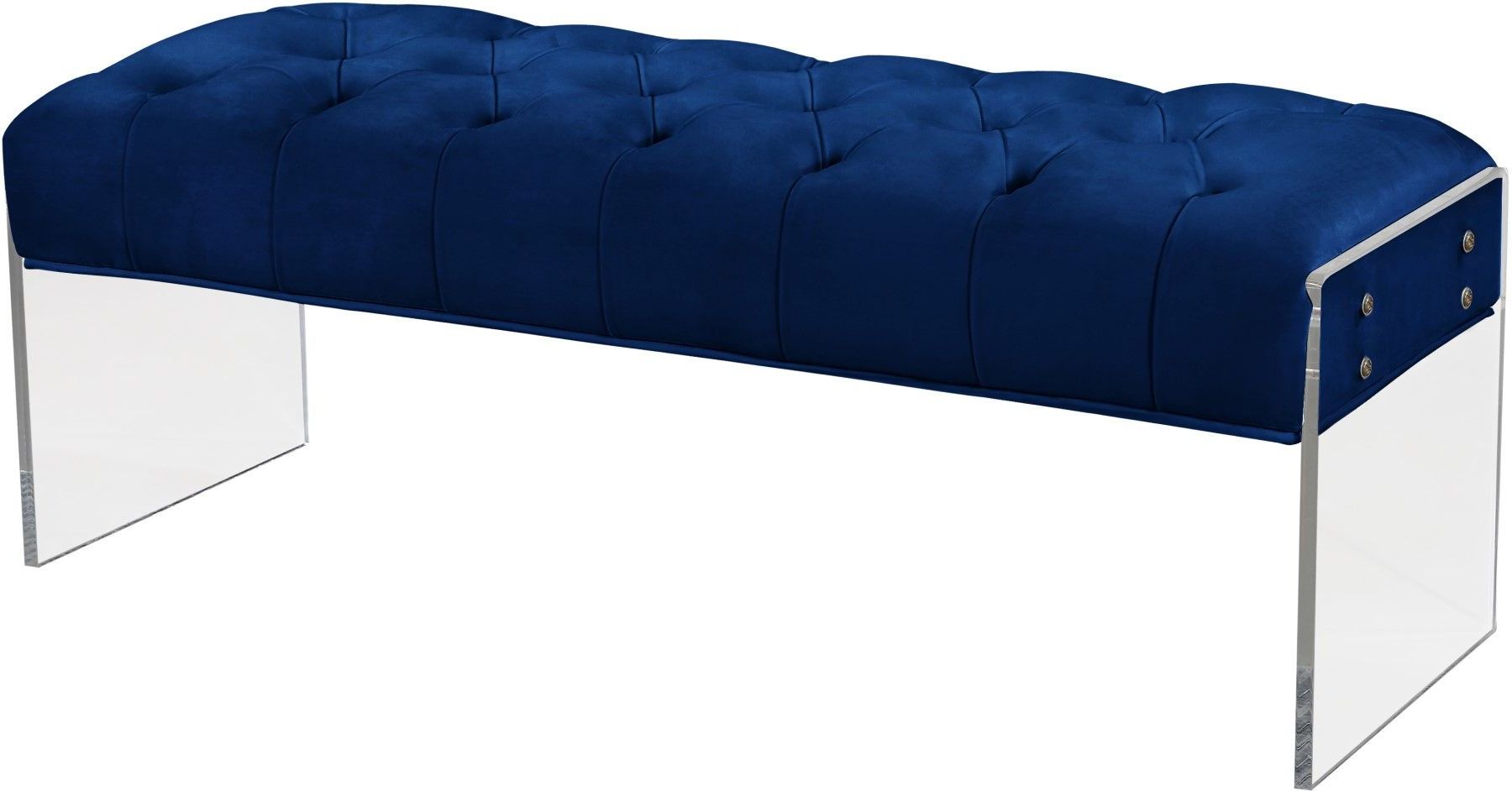 Navy Velvet Fabric Benches Regarding Most Current Zoey Contemporary Navy Button Tufted Velvet Bench With Acrylic Base (View 10 of 10)