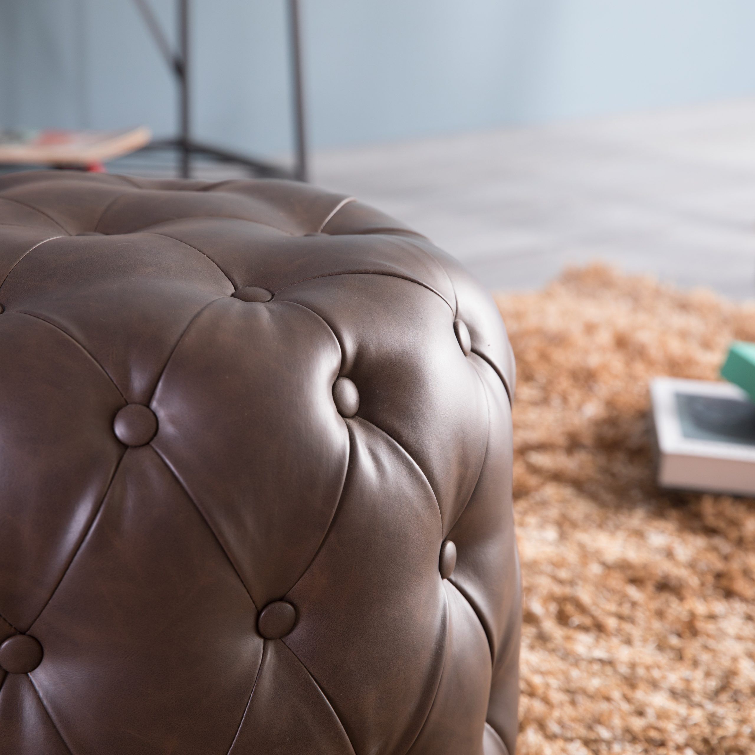 New Bold Tones Tufted Modern Leather Round Ottoman Stool, Brown (View 7 of 10)