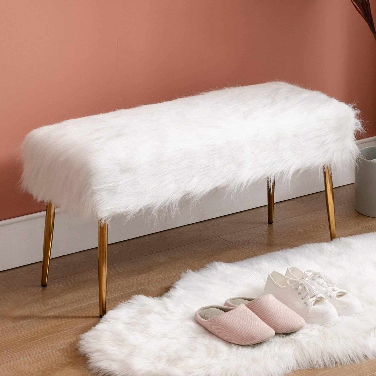Newest Amazon: Wahson Faux Fur Long Entryway Bench Ottoman Foot Rest Stool Throughout White Faux Fur And Gold Metal Ottomans (View 4 of 10)