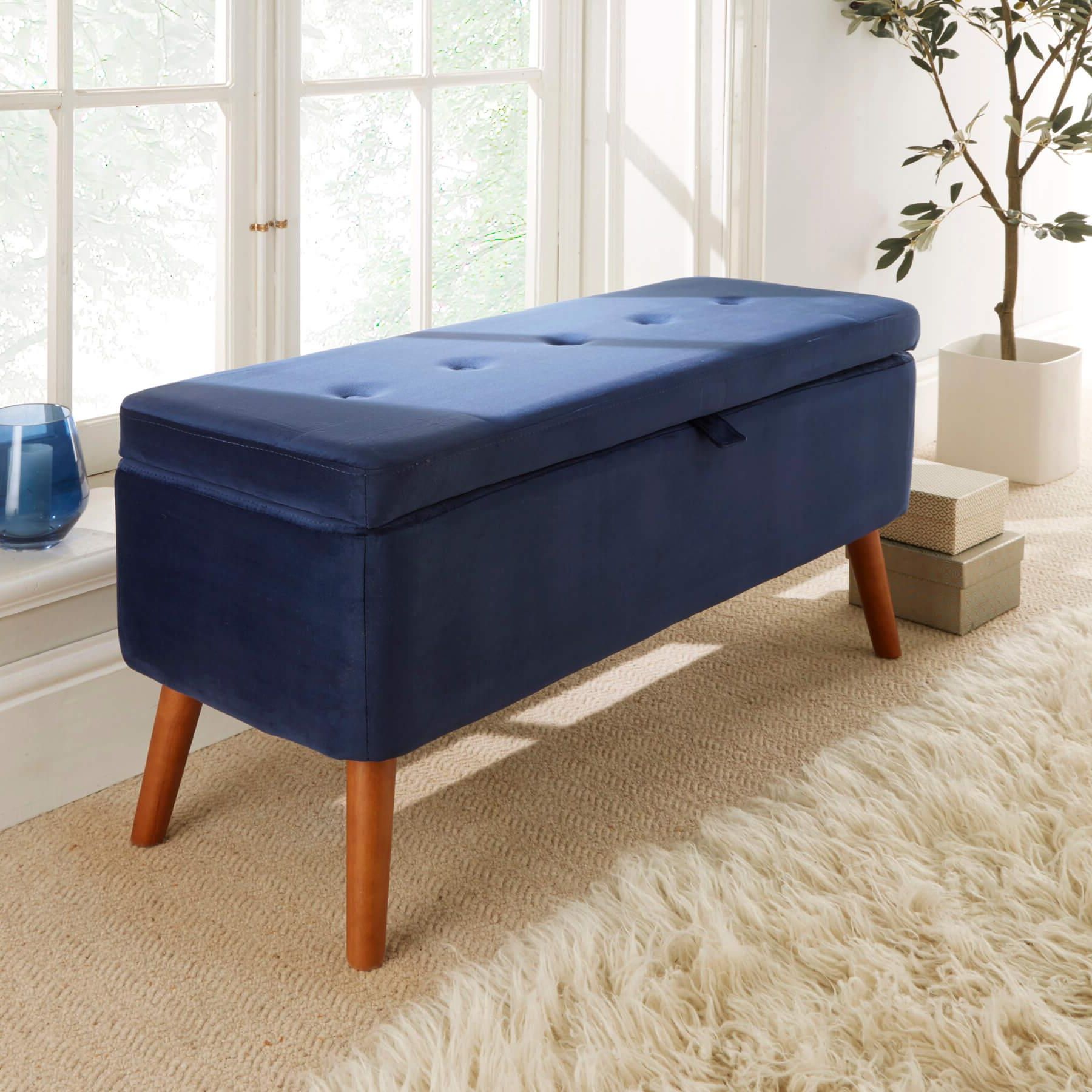 Newest Carson Navy Fabric Velvet Storage Ottoman Chest Bedding Blanket Box With Navy Velvet Fabric Benches (View 4 of 10)