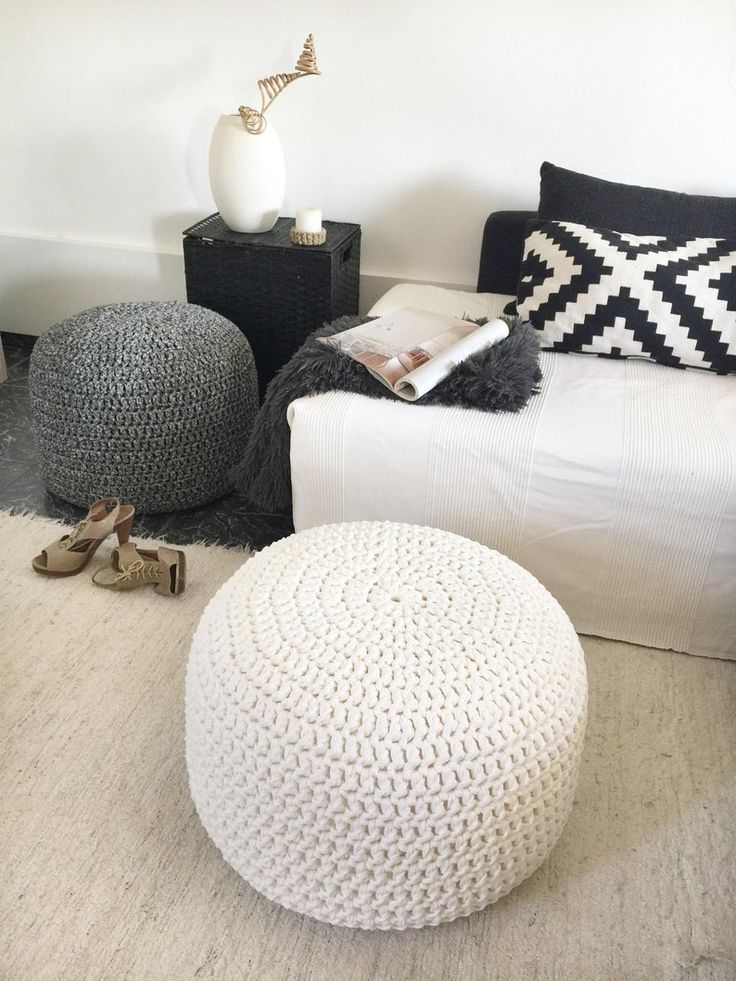 Newest Cream Cotton Knitted Pouf Ottomans With Large Cream Round Pouf Ottoman – 24 Inch Footstool Pouffe (View 7 of 10)
