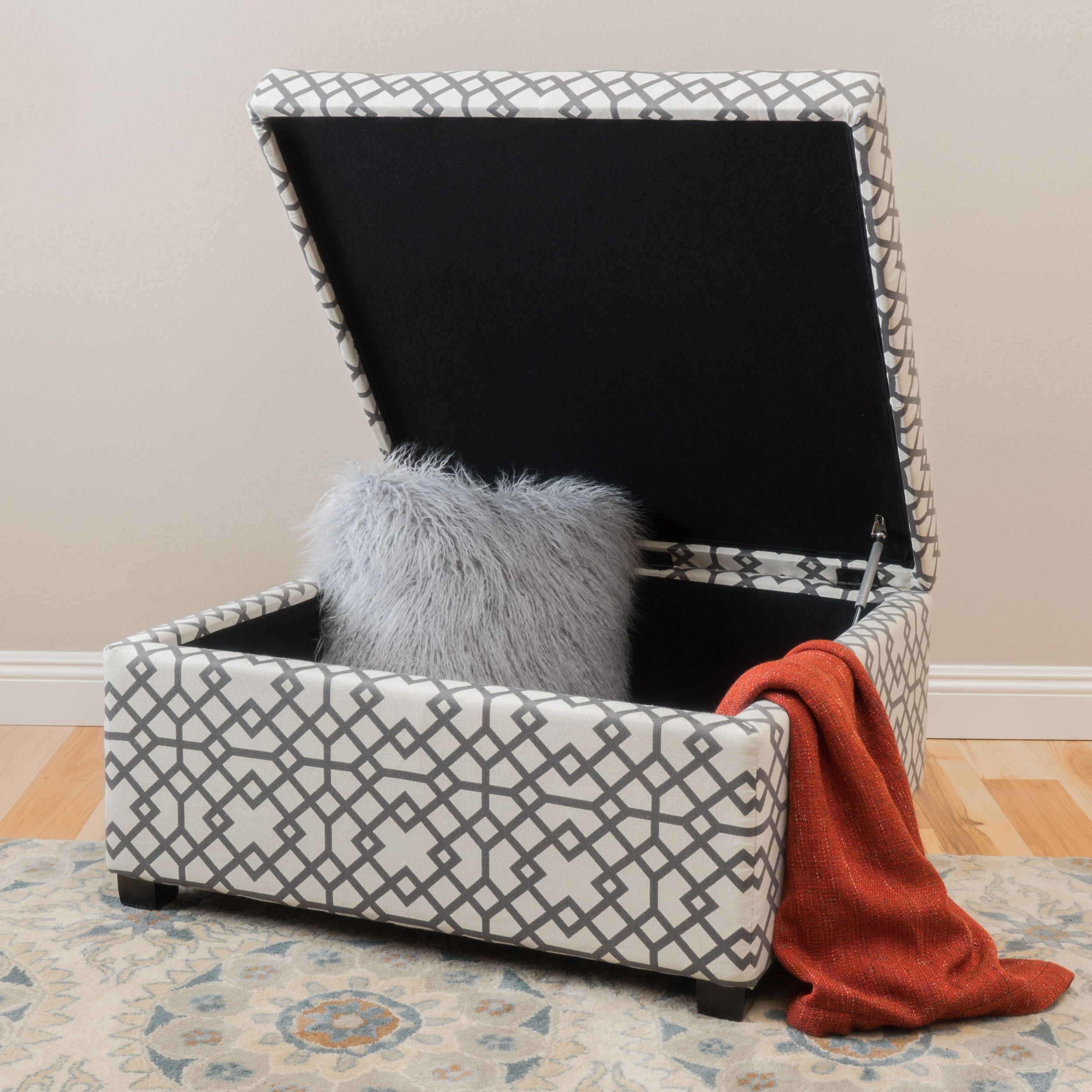 Noble House Bessley Patterned Fabric Storage Ottoman, Grey Geometric Within Recent Brushed Geometric Pattern Ottomans (View 6 of 10)