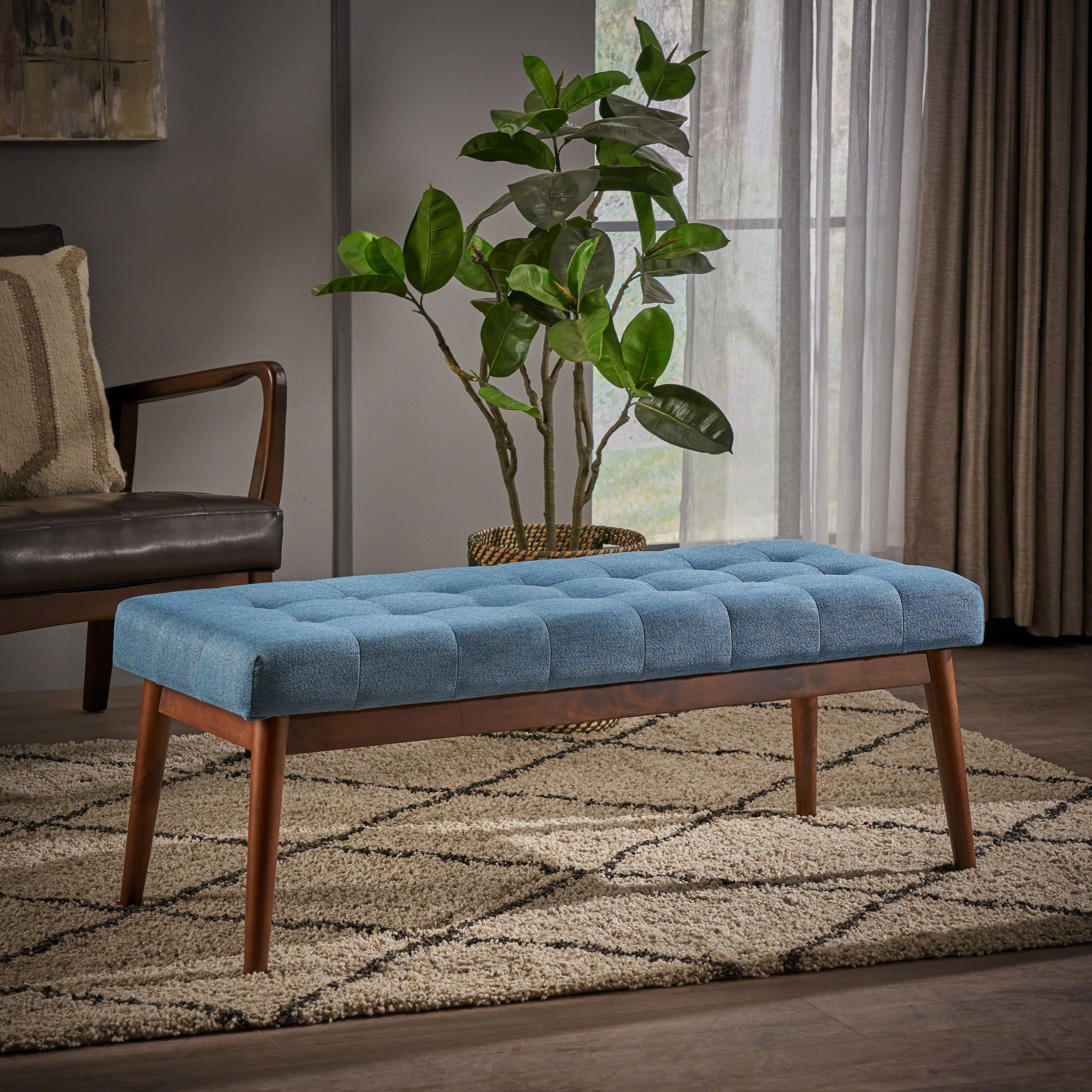 Noble House Marvin Mid Century Tufted Fabric Ottoman, Blue, Walnut Inside Latest Snow Tufted Fabric Ottomans (View 6 of 10)