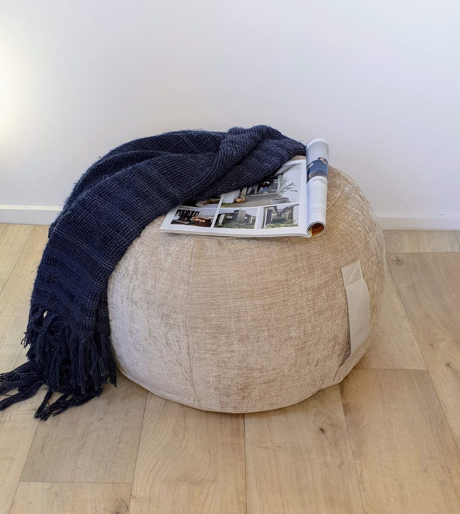 Ottoman Pouf, Beige Chenille Pouf, Neutral Round Pouf, Beanbag Pouf With Recent Natural Beige And White Cylinder Pouf Ottomans (View 8 of 10)