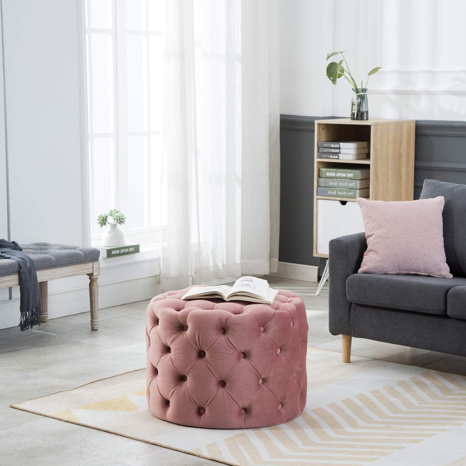 Pink Champagne Tufted Fabric Ottomans For Current Guyou Upholstered Tufted Round Velvet Ottoman With Button, Mordern (View 3 of 10)