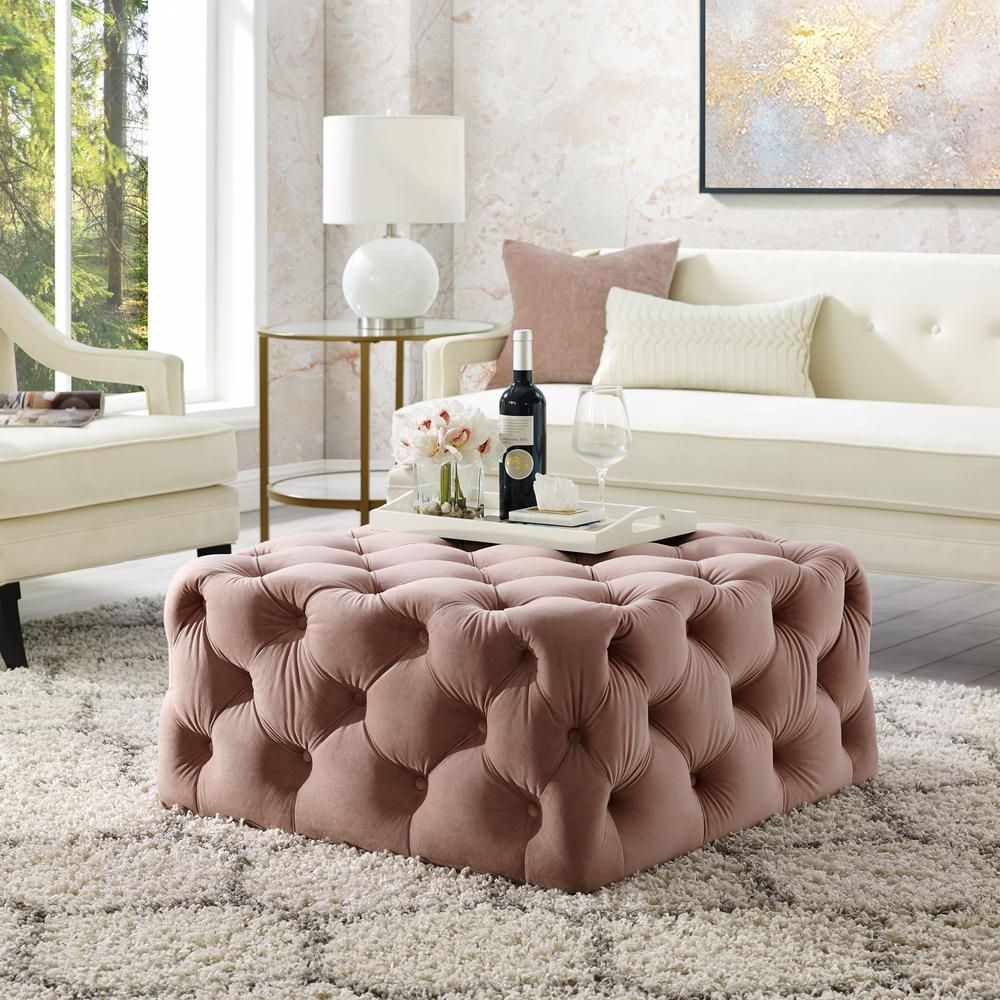 Pink Champagne Tufted Fabric Ottomans Regarding Famous Inspired Home Lester Cocktail Table Ottoman Blush Velvet Tufted Allover (View 6 of 10)