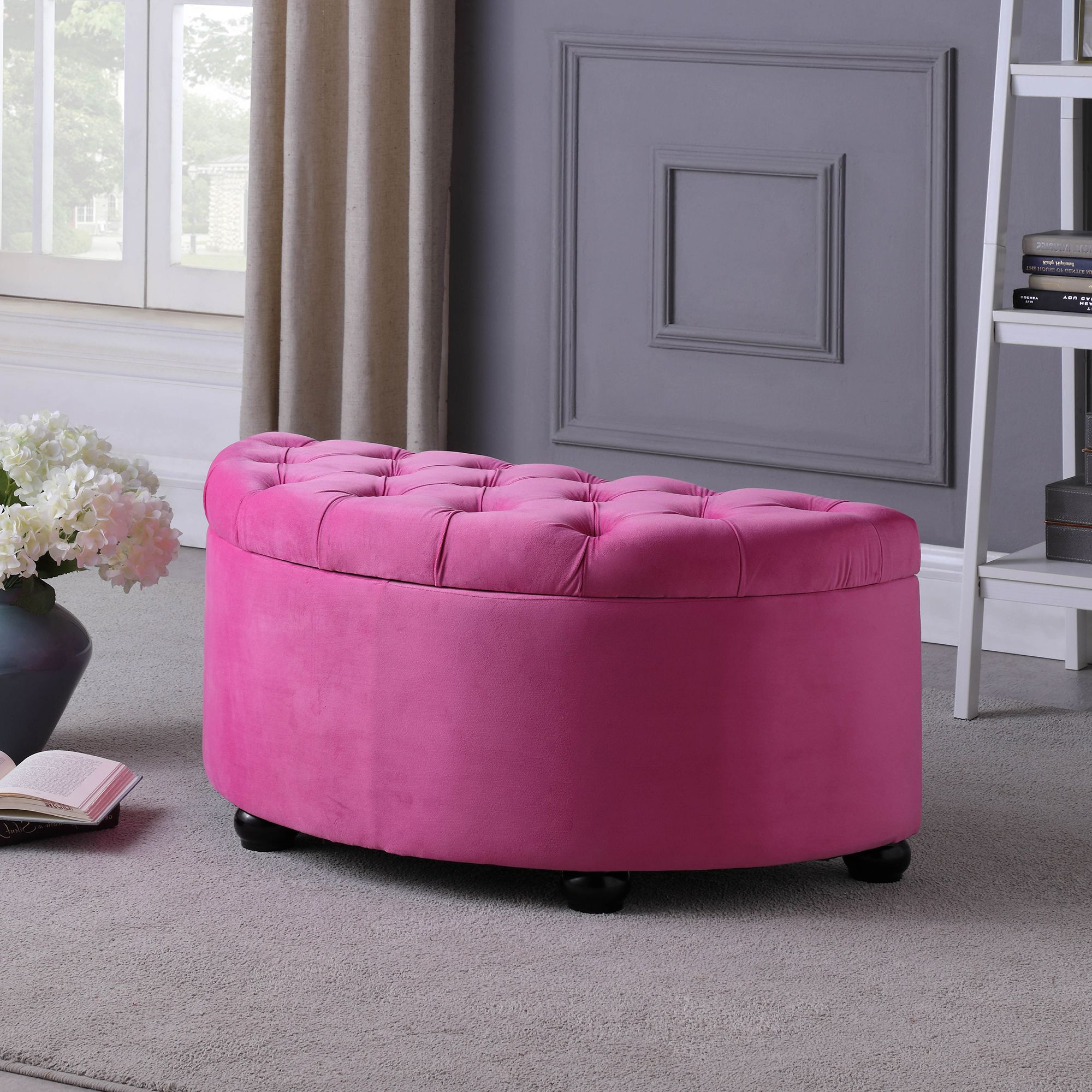 Pink Champagne Tufted Fabric Ottomans Regarding Favorite  (View 8 of 10)