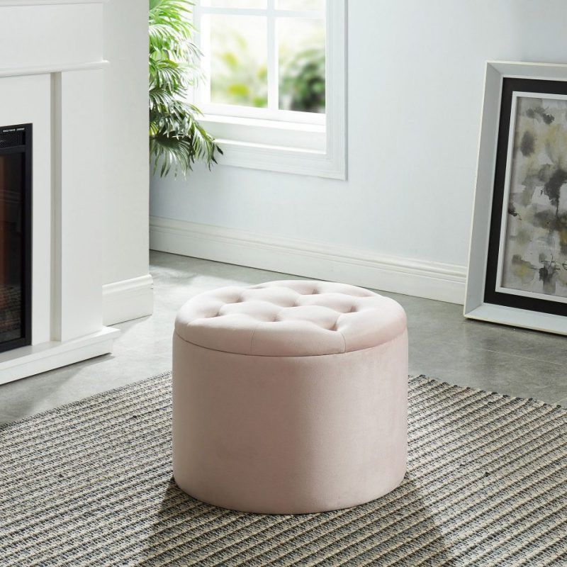 Pink Fabric Banded Ottomans Pertaining To Widely Used Talia Round Storage Ottoman In Pink Velvet Fabric » Ontario Mattress (View 2 of 10)