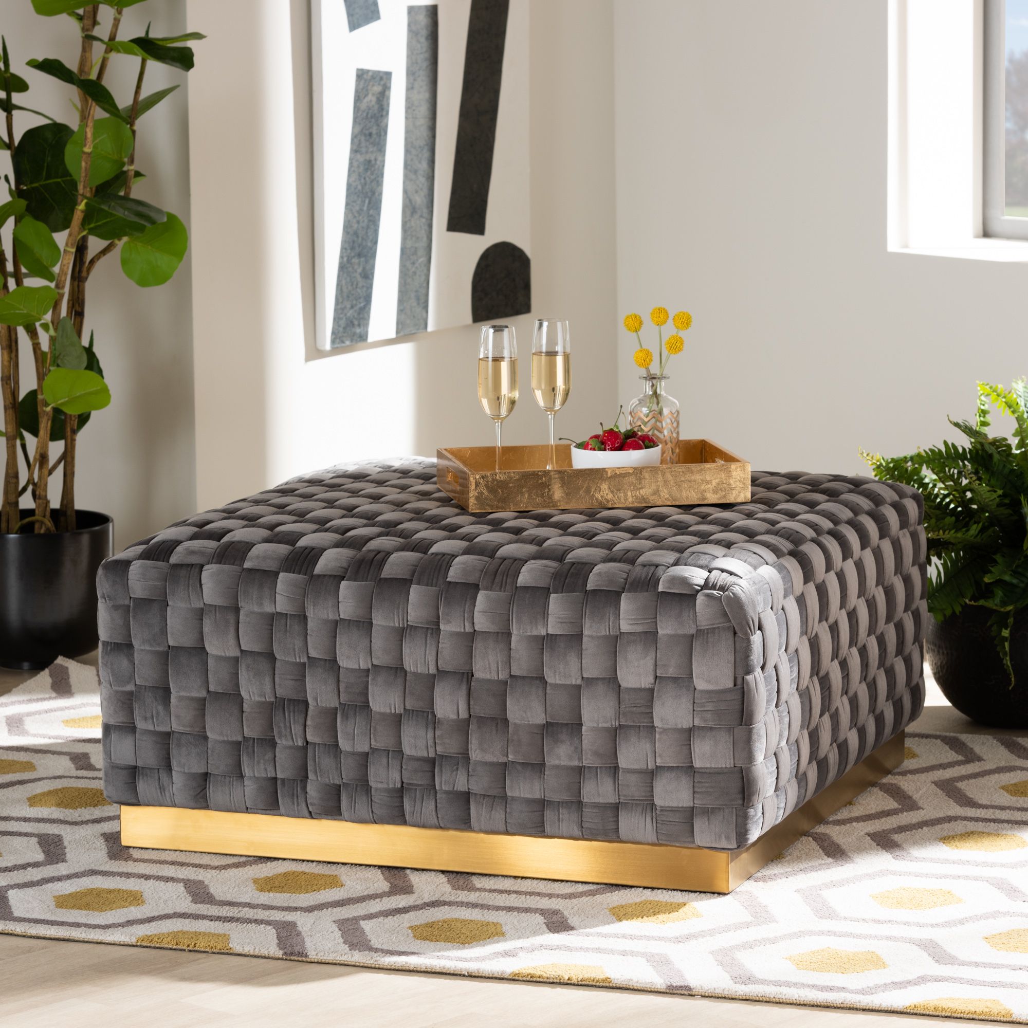 Popular Baxton Studio Noah Luxe And Glam Grey Velvet Fabric Upholstered And Intended For Gold Chevron Velvet Fabric Ottomans (View 1 of 10)