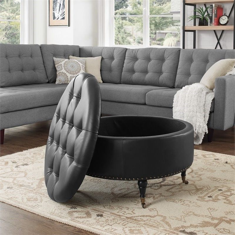 Popular Black Faux Leather Tufted Ottomans For Posh Living Landon Tufted Faux Leather Storage Ottoman With Casters In (View 6 of 10)