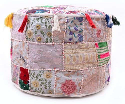 Popular Cylinder Cotton Patchwork Pouf Ottoman, Size: 22" Inch ( Diameter), Rs Throughout Blue And Beige Ombre Cylinder Pouf Ottomans (View 2 of 10)