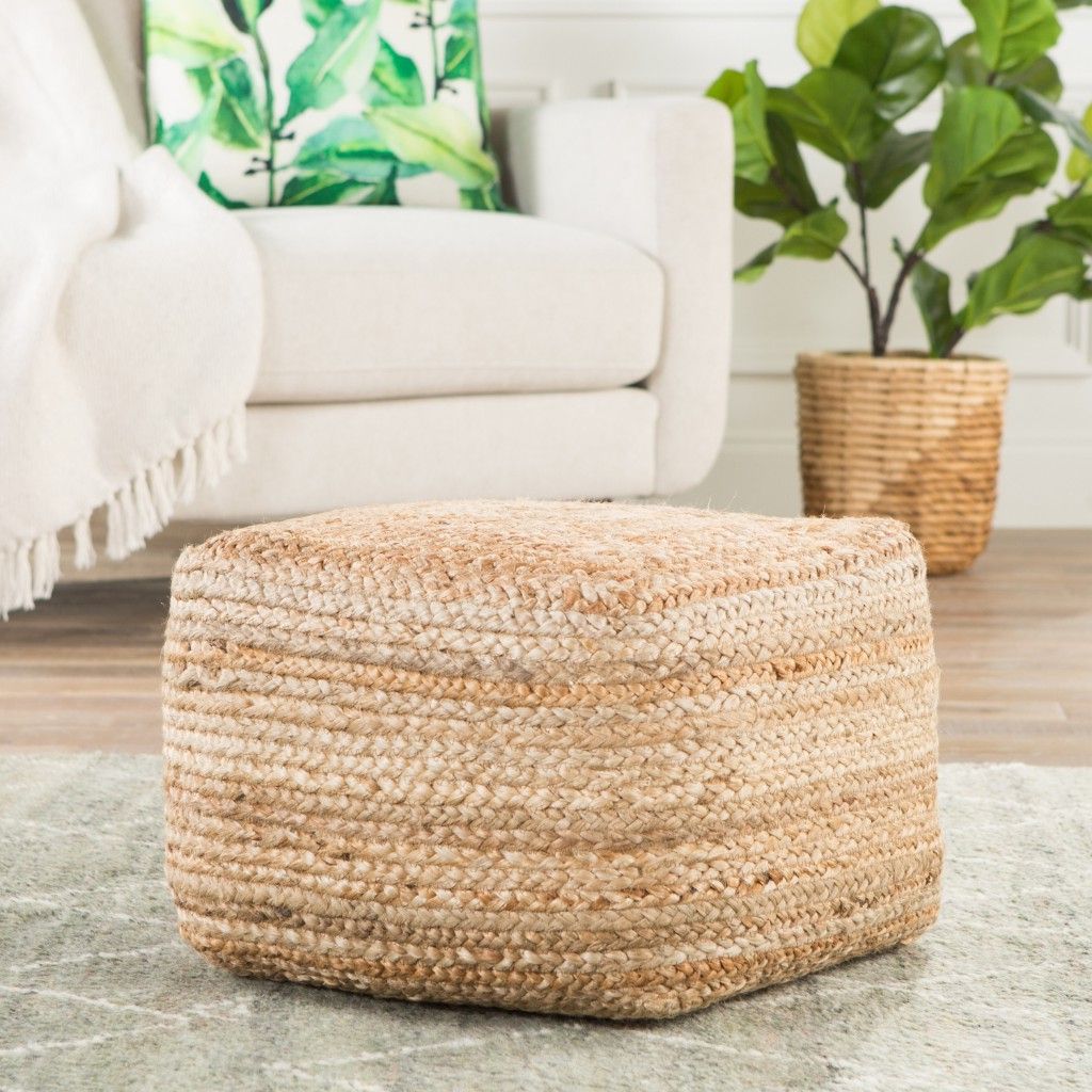 Popular Natural Beige And White Cylinder Pouf Ottomans Within Beige Tan Braided Jute Pouf Footrest Ottoman Square Sturdy Cube Cushion (View 4 of 10)