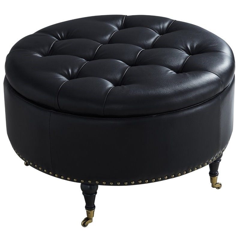 Posh Living Landon Tufted Faux Leather Storage Ottoman With Casters In For Well Known Black Faux Leather Storage Ottomans (View 8 of 10)