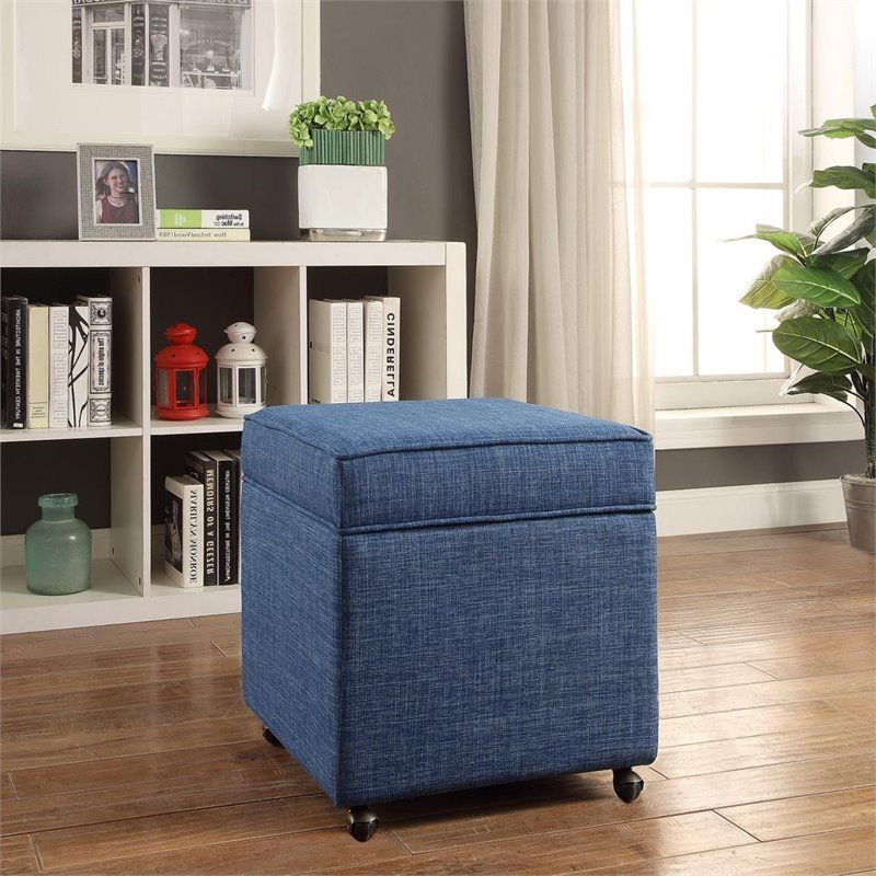Posh Living Ruby Tufted Linen Fabric Cube Storage Ottoman With Casters Regarding Trendy Blue Fabric Storage Ottomans (View 7 of 10)