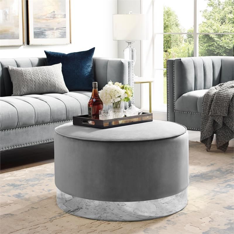 Posh Living Suchada Velvet Round Cocktail Ottoman In Gray/chrome With Best And Newest Navy And Light Gray Woven Pouf Ottomans (View 10 of 10)