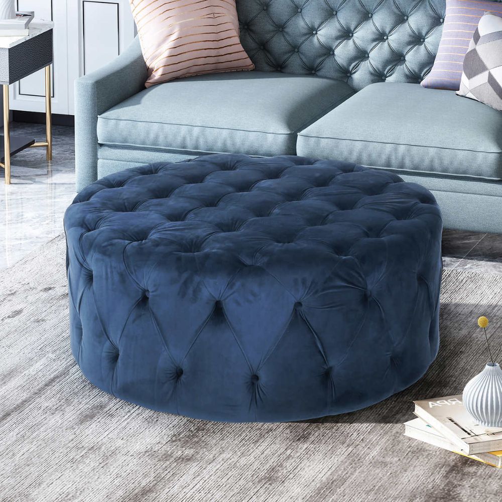 Pouf Textured Blue Round Pouf Ottomans Inside Most Up To Date Blue  (View 1 of 10)