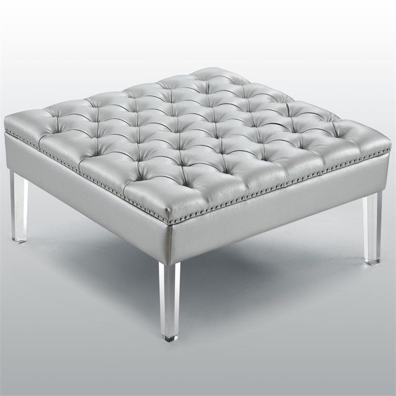 Preferred Posh Luke Tufted Faux Leather Oversized Ottoman With Acrylic Legs In With Silver Faux Leather Ottomans With Pull Tab (View 1 of 10)