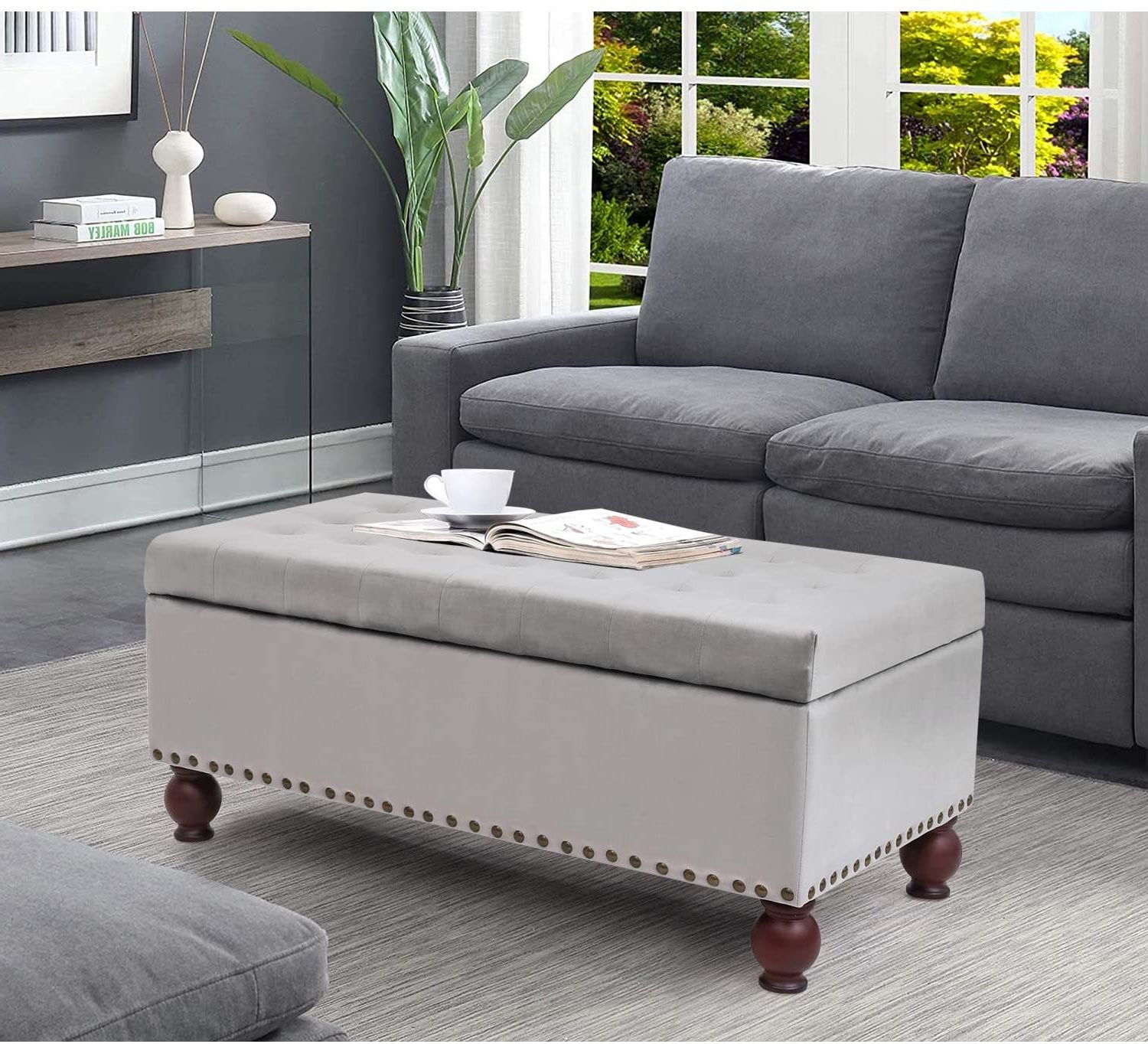 Preferred Rivet Gray Velvet Fabric Bench Within Homebeez 40" Storage Bench Ottoman Footstool  Tufted Storage Ottoman (View 10 of 10)