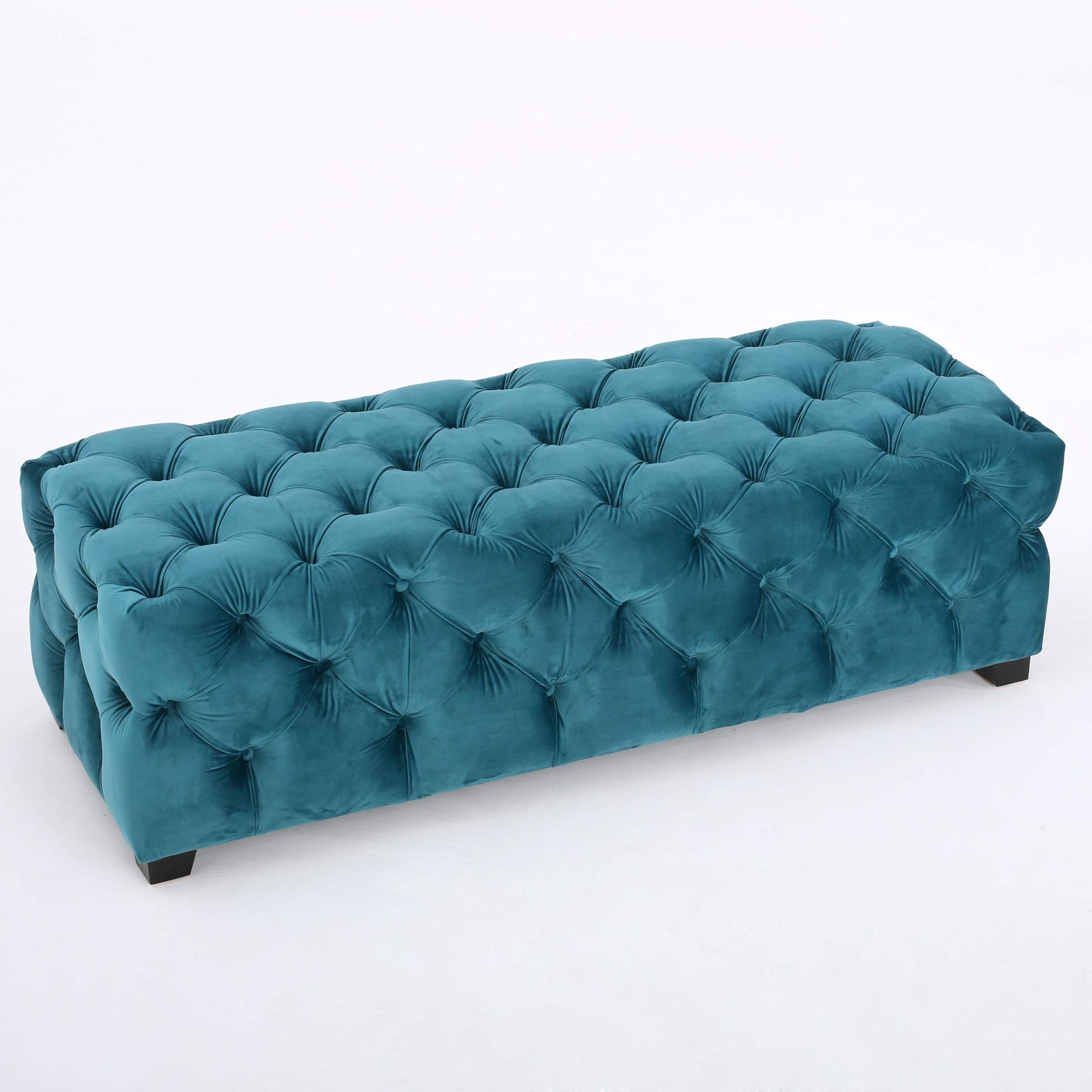 Provence Dark Teal Tufted Velvet Fabric Rectangle Ottoman Bench Best Intended For Preferred Snow Tufted Fabric Ottomans (View 7 of 10)
