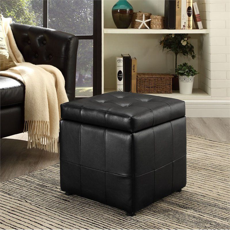 Recent Black Leather And Gray Canvas Pouf Ottomans In Hawthorne Collection Square Faux Leather Storage Ottoman In Black (View 3 of 10)