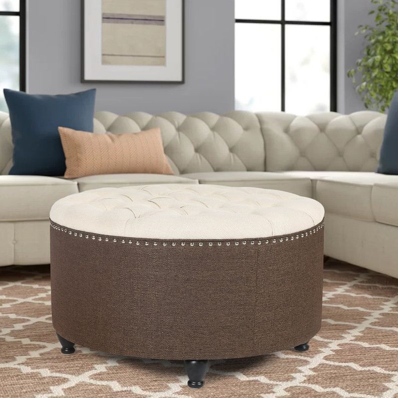 Recent Brown Fabric Tufted Surfboard Ottomans Throughout 28'' Round Ottoman Footstool Beige/ Coffee Brown (View 6 of 10)