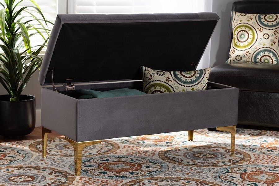Recent Honeycomb Silver Velvet Fabric Ottomans With Valere Glam And Luxe Grey Velvet Fabric Upholstered Gold Finished (View 7 of 10)
