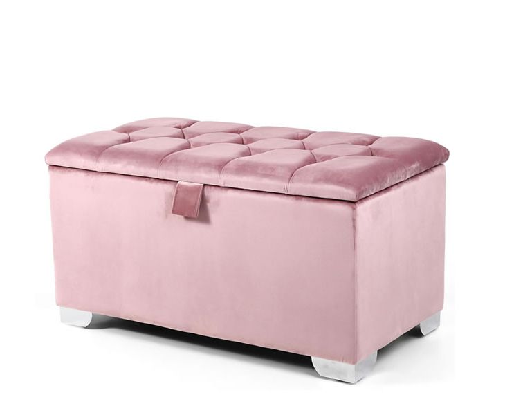Roanne Pink Velvet Upholstered Buttoned Ottoman – Just Ottomans Within Widely Used Pink Fabric Banded Ottomans (View 9 of 10)
