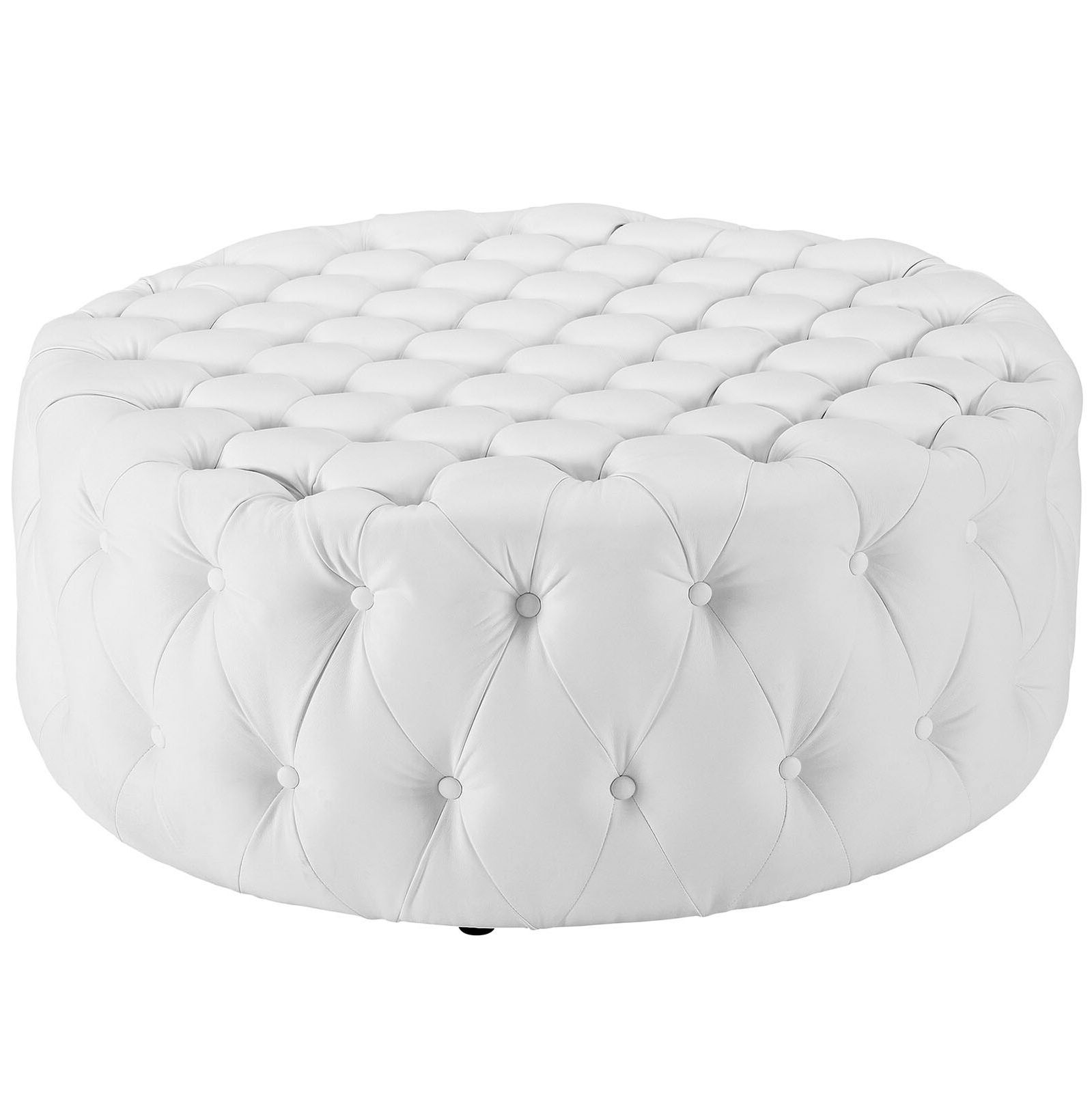Round Blue Faux Leather Ottomans With Pull Tab In Most Recent Button Tufted Faux Leather Upholstered Round Ottoman In White (View 4 of 10)