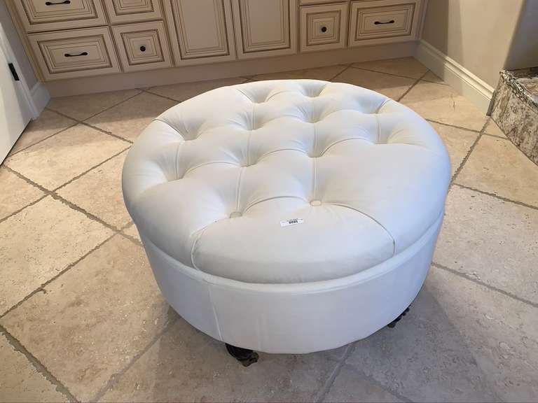 Round Cream Cocktail Tufted Ottoman On Wheels – Musser Bros. Inc (View 9 of 10)