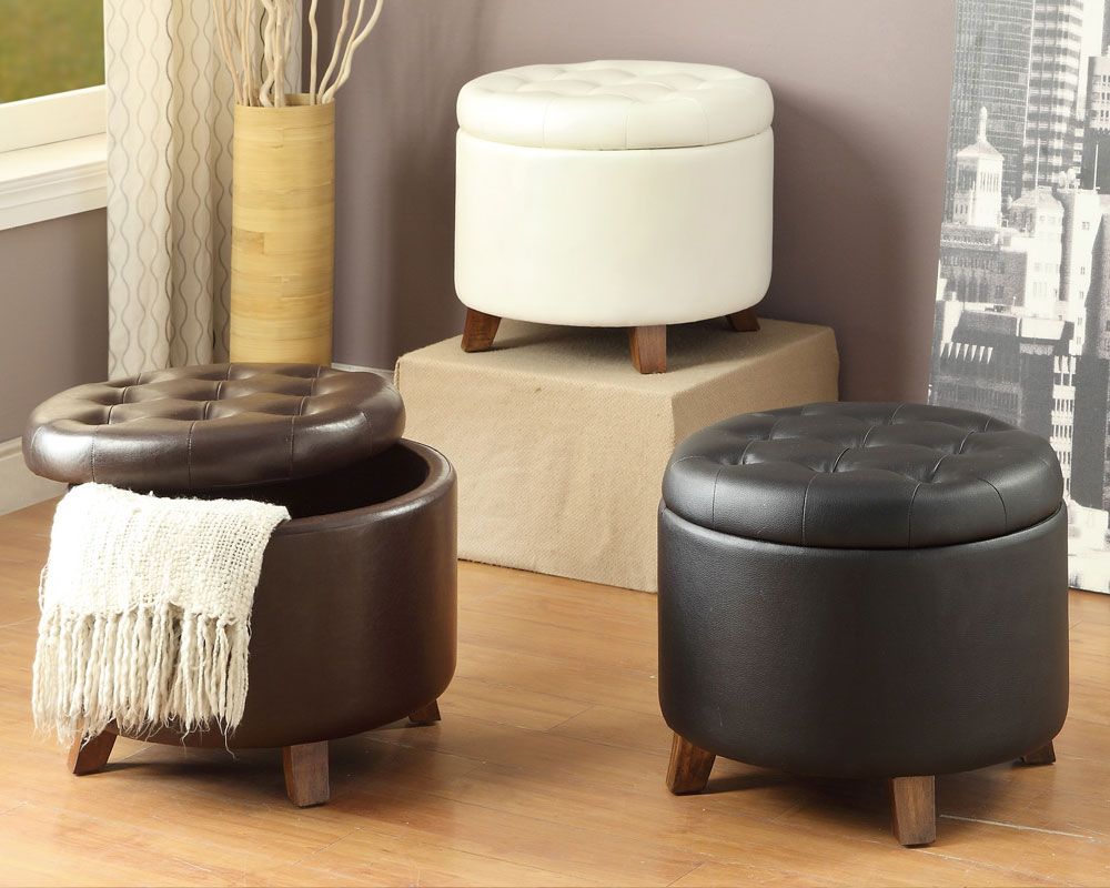 Round Gold Faux Leather Ottomans With Pull Tab Intended For 2018 Accent Cute Organizer Round Storage Ottoman Footstool Pouf Faux Leather (View 5 of 10)