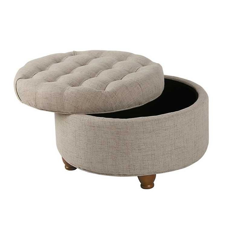 Round Storage Inside Light Gray Tufted Round Wood Ottomans With Storage (View 9 of 10)