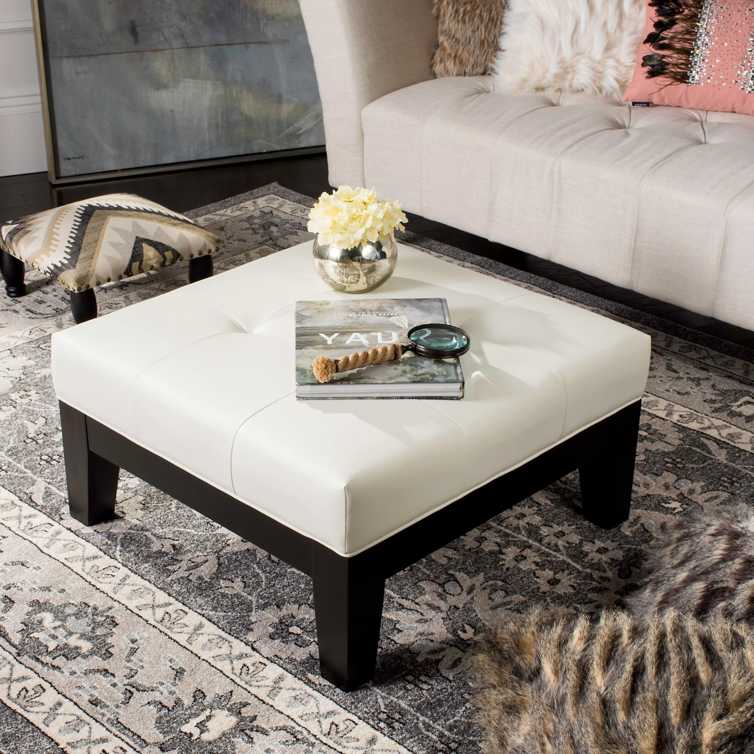 Safavieh Supreme Square White Leather Ottoman White, Black, Off White With Regard To Most Up To Date Black And Off White Rattan Ottomans (View 10 of 10)