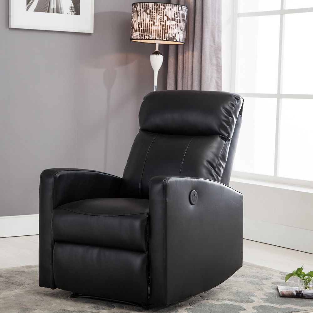 Sean Black Leather Power Reading Reclinerac Pacific In Popular Faux Leather Ac And Usb Charging Ottomans (View 10 of 10)