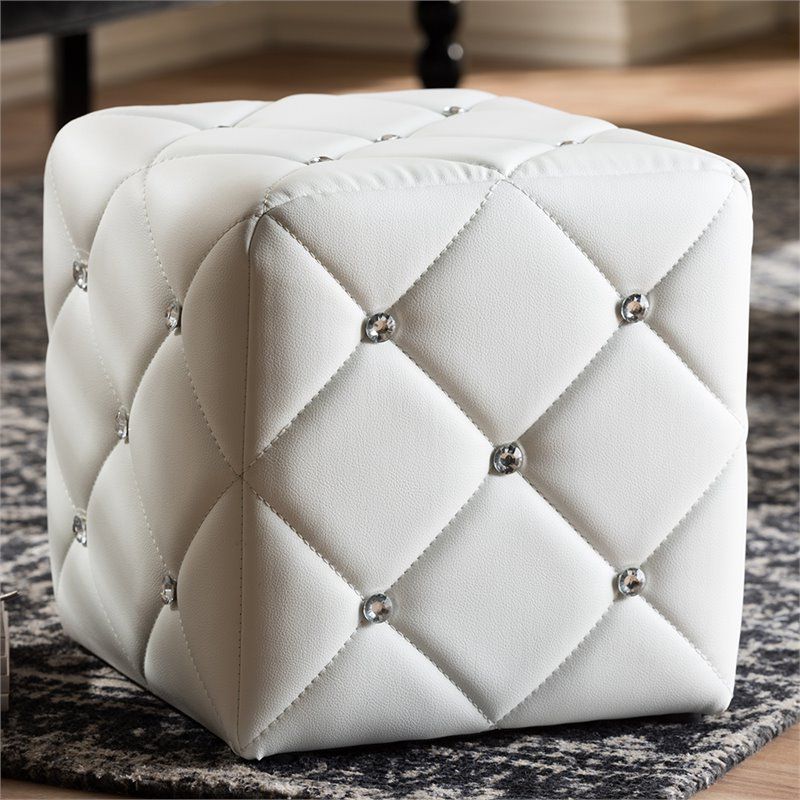 Silver Faux Leather Ottomans With Pull Tab Regarding Fashionable Baxton Studio Stacey 14" Square Faux Leather Ottoman In White (View 5 of 10)