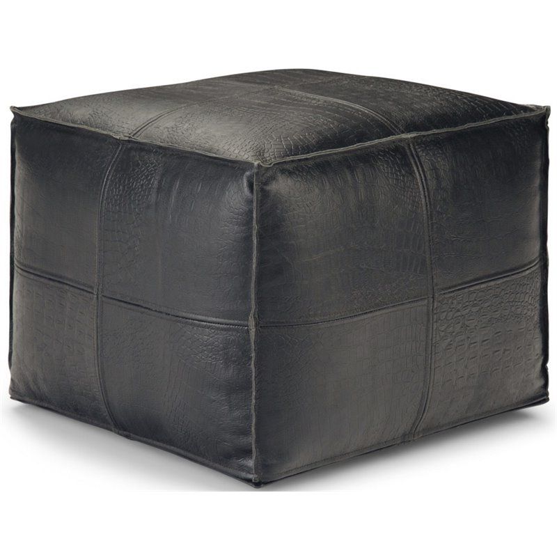 Simpli Home Bowen Contemporary Patterned Leather Square Ottoman In For Newest Black Leather Foot Stools (View 8 of 10)