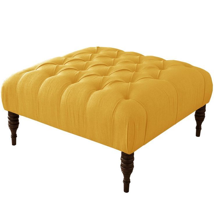 Skyline Custom Upholstered Tufted Square Ottoman Linen French Yellow Within Well Liked French Linen Black Square Ottomans (View 1 of 10)