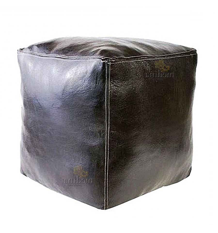 Stripe Black And White Square Cube Ottomans Inside Preferred Moroccan Ottoman Cube Black Leather – Handmade Genuine Leather Pouf (View 4 of 10)