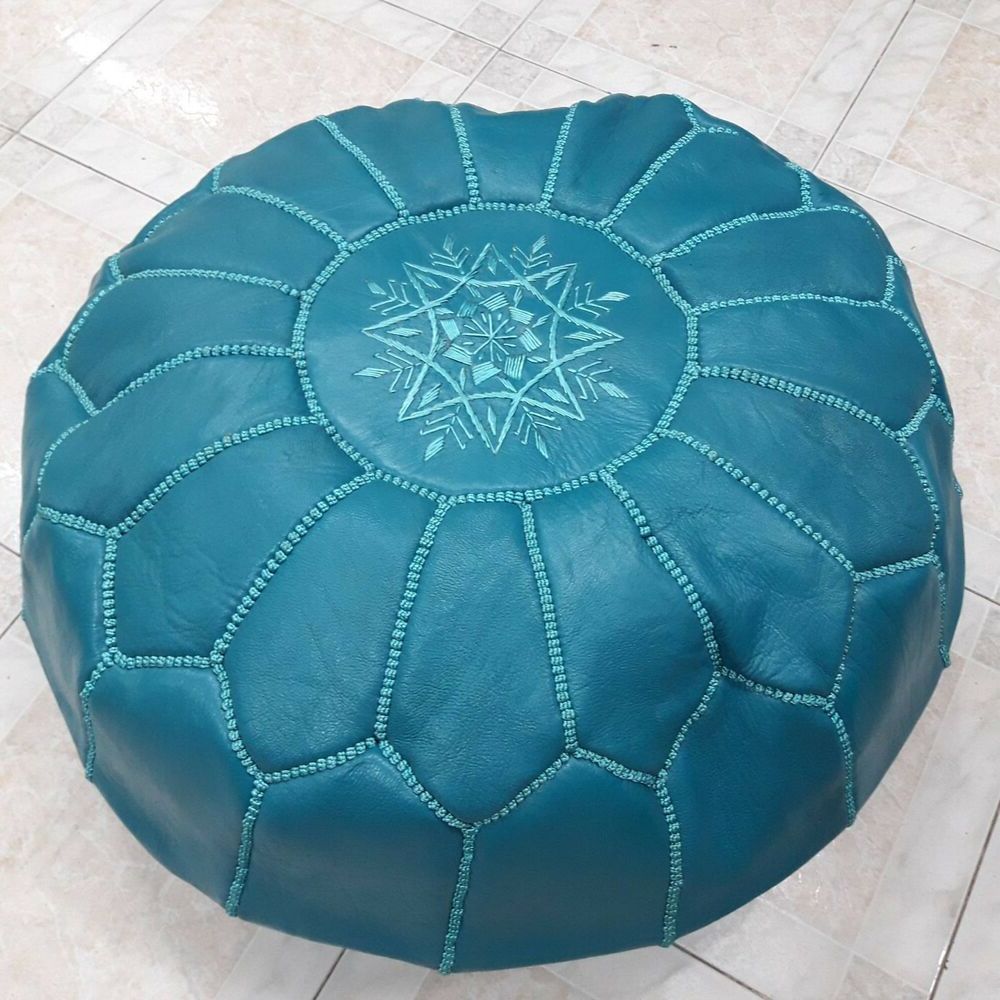 Textured Aqua Round Pouf Ottomans With Regard To Best And Newest Moroccan Pouf Turquoise Moroccan Leather Pouf Ottoman Footstool (View 5 of 10)