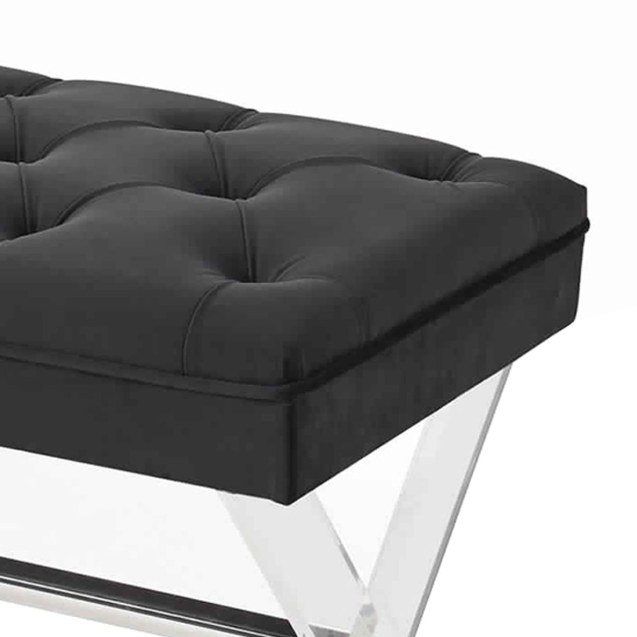 Trendy Buy Button Tufted Fabric Ottoman Bench With X Shaped Acrylic Legs Regarding Black Fabric Ottomans With Fringe Trim (View 9 of 10)