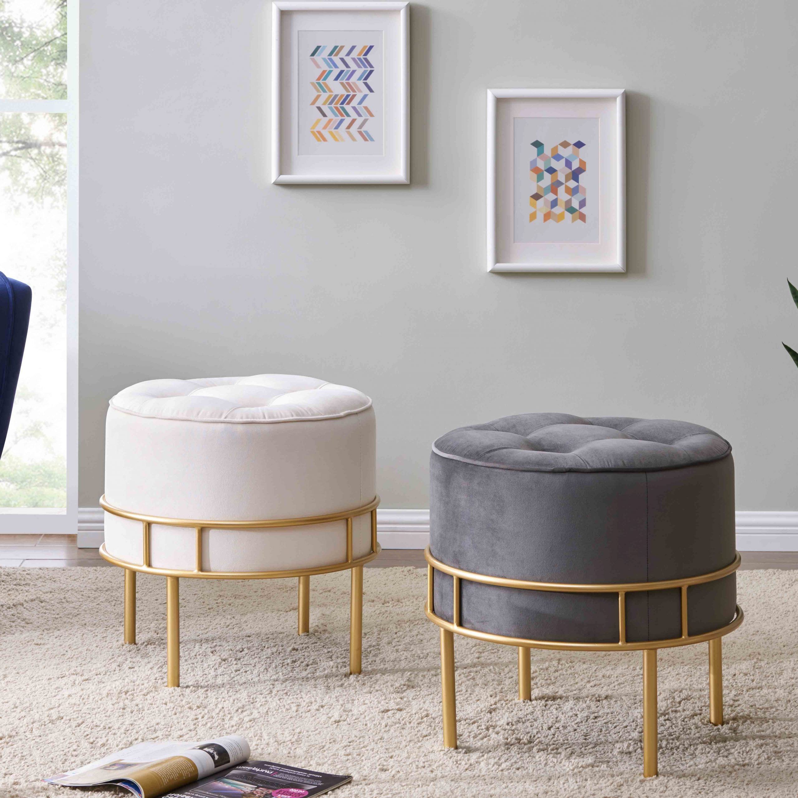 Trendy Cream Wool Felted Pouf Ottomans Within Lorient Velvet Fabric Tufted Round Ottoman, Serene Light Cream/ Gold Or (View 7 of 10)