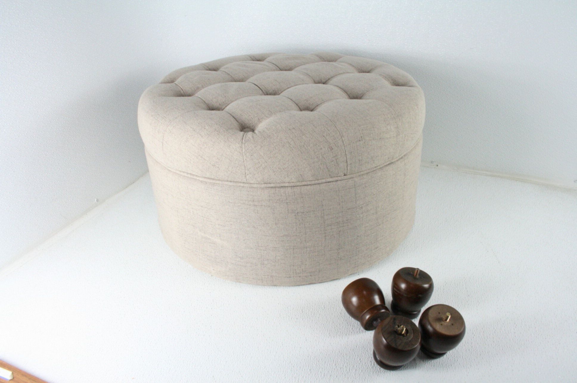 Trendy Homepop Large Button Tufted Round Storage Ottoman Light Tan W Wooden Intended For Light Gray Tufted Round Wood Ottomans With Storage (View 10 of 10)