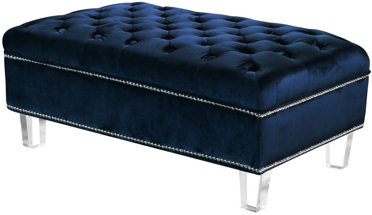 Trendy Maxim Modern Button Tufted Navy Velvet Ottoman With Silver Nailhead Trim Inside Tufted Gray Velvet Ottomans (Photo 2 of 10)