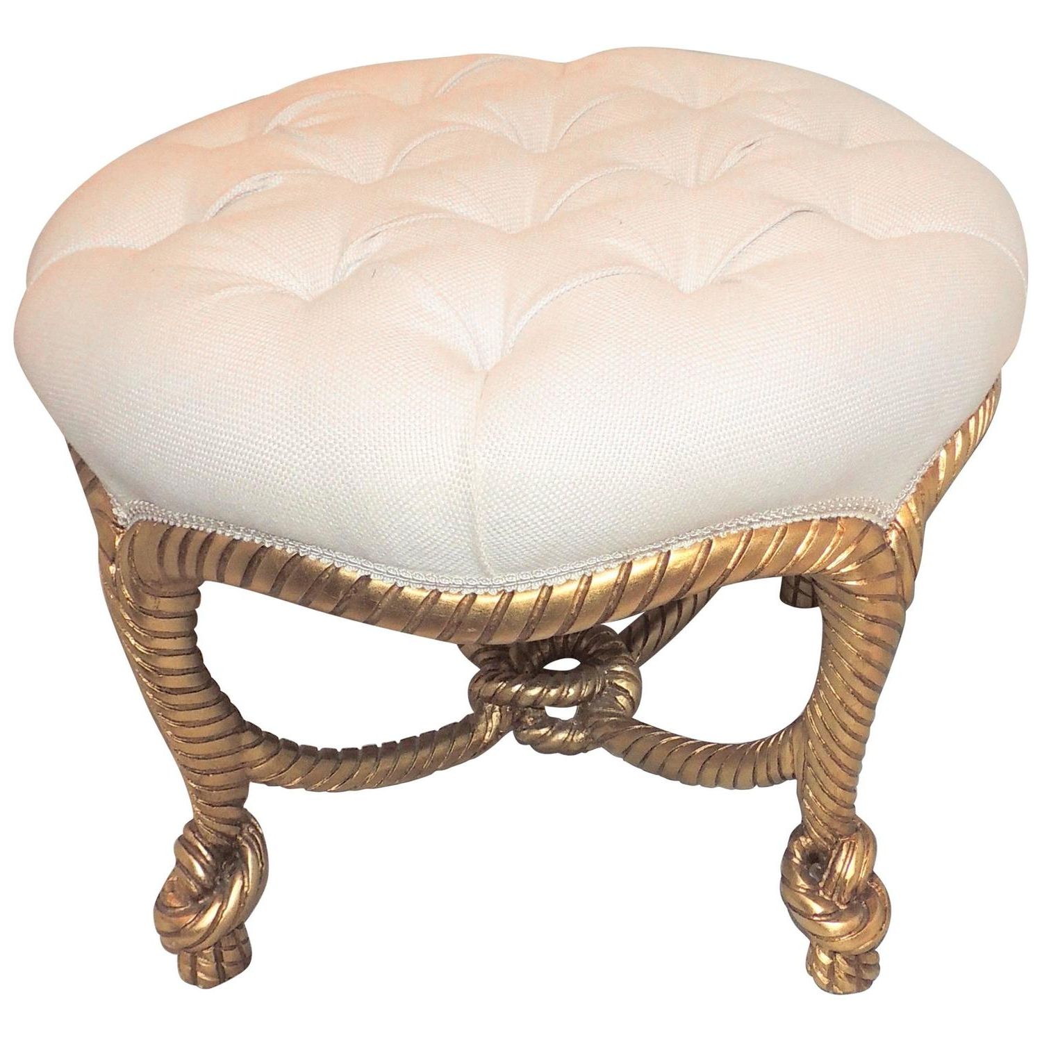 Trendy Wonderful French Gilt Wood Rope Tassel Bow Tufted Ottoman Round Bench With Round Cream Tasseled Ottomans (View 10 of 10)