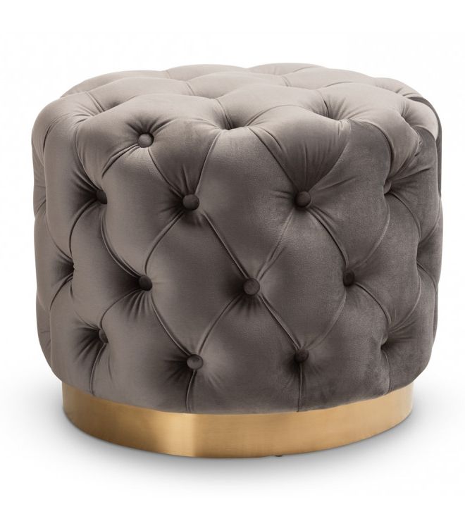 Tufted Gray Velvet Ottomans Pertaining To Well Known Grey Velvet Tufted Round Footstool Ottoman Gold Base (View 4 of 10)