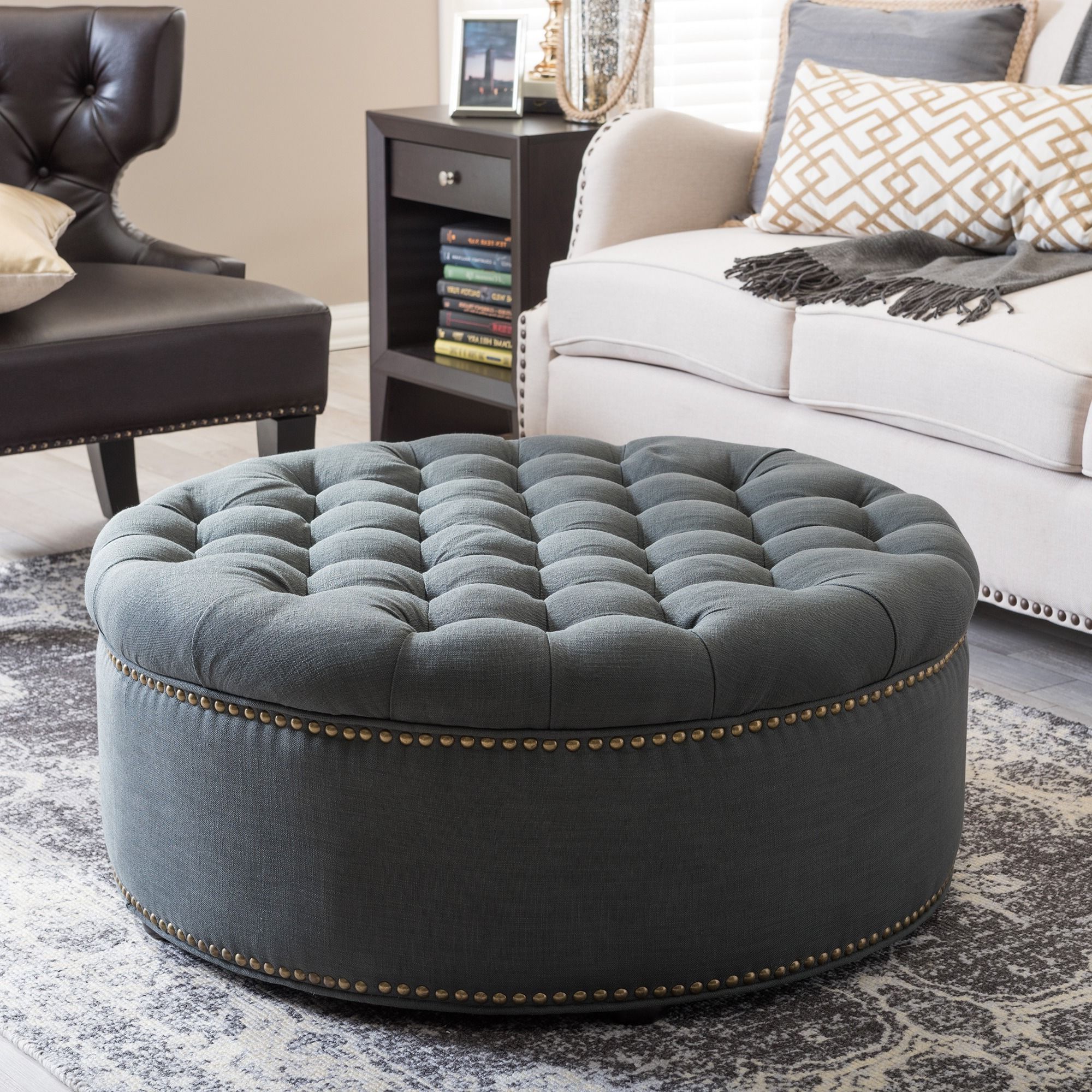 Tufted Ottoman, Round Storage With Regard To Gold And White Leather Round Ottomans (View 3 of 10)