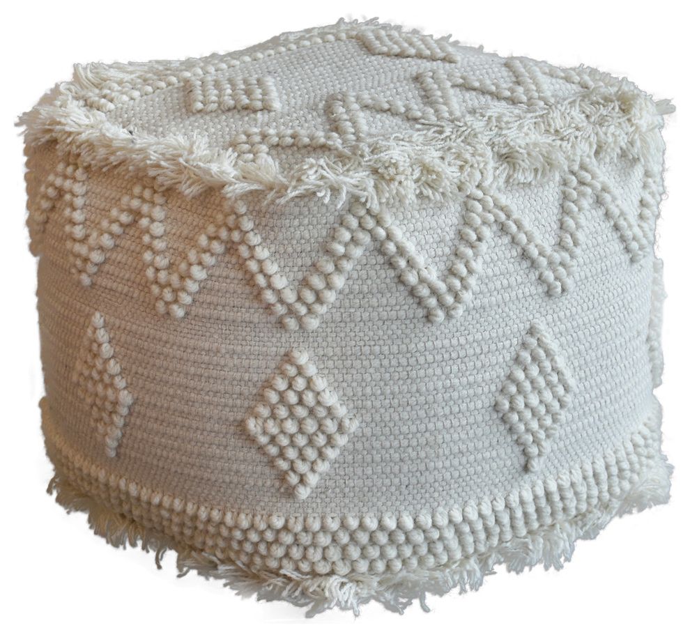 Tufted Soft Wool Ivory White Cube Ottoman, Bohemian Ikat Pouf Tribal Inside Most Up To Date Black Fabric Ottomans With Fringe Trim (View 4 of 10)